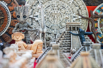 Cancun, Mexico. May 30, 2021. Traditional handcrafted historic Mexican souvenirs artwork for sale at shop