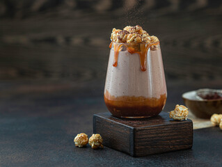 Milkshake with caramel sauce decorated by caramel popcorn and chocolate powder on green background.