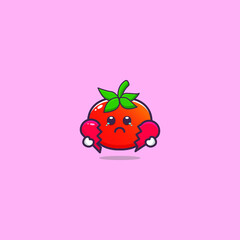 Cute tomato with hurt expression. Vector flat cartoon character illustration icon. Isolated on a white pink background.