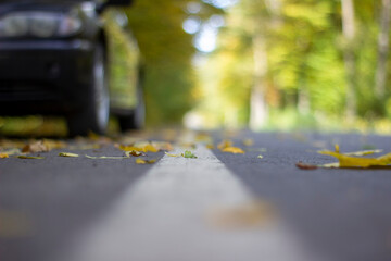 White lane on the highway. Selective focus.