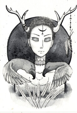 illustration in ink gothic girl with crow