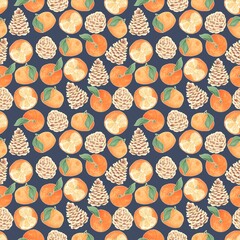 Seamless pattern of watercolor illustrations, tangerines and fir cones on a dark background