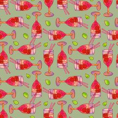 Seamless pattern with cocktails on a green background. A glass of cocktail with berries. Mixed non-alcoholic red drink with straws and fruits. The illustration is hand-drawn in watercolor.