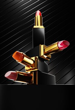 Variety of colorful lipstick on black glossy background . 3d render