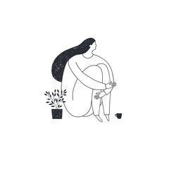 Illustration of a pensive girl sitting and hugging her knees with cup of tea. Vector.