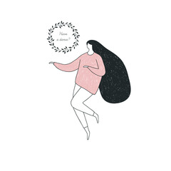 Vector illustration of a dancing young woman in a pink sweater. - 461886642