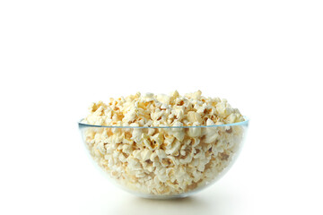 Glass bowl with popcorn isolated on white background