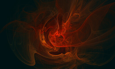 3d vortex of red hot essences, smoke or flames in deep black space. Dynamic and rushing glowing tongues in chaotic motion in darkness. Great as texture, background or element of art or design.