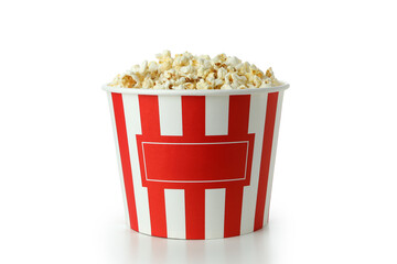 Striped paper cup with popcorn isolated on white background