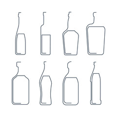 Bottle continuous line wine, vodka, whiskey, liquor, rum, vermouth, tequila, beer in linear style on white background. Solid black thin outline. Modern flat style. Logo element illustration