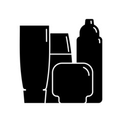 Cosmetic container. Four plastic cosmetic jar product. Oil, mask, cream. Illustration design in the form of black silhouette with thin white lines. Isolated icon in flat style on white background