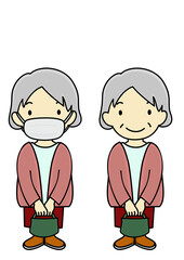 マスクを着・外して、お出かけしている年配女性のイラストセット（旅行・買い物等に）