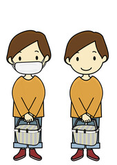 マスクを着・外して外出する女性のイラストセット（アフターコロナイメージ等に）