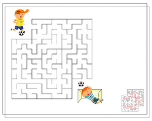 a game for children, go through the maze, help the football player to score the ball. football game. vector isolated on a white background