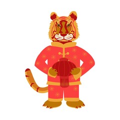 Cartoon tigers in chinese clothes with lantern New year greeting card