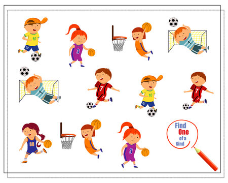 Cartoon illustration of an educational game Find a one-of-a-kind picture with children playing football and basketball. Vector isolated on a white background