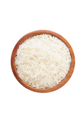 Fototapeta na wymiar Top view of uncooked dry rice in wooden bowl isolated on white with clipping path.