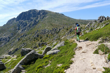 Fototapeta premium Boy with backpack on a hiking trail in the mountains