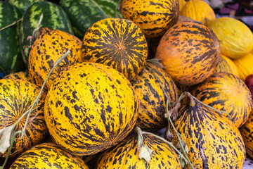 Heap of ripe yellow melons on the street market.