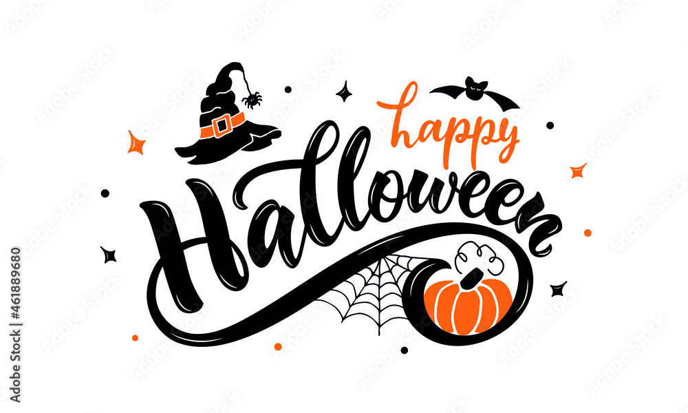 Wall mural Happy Halloween handwritten text. Hand lettering typography. Modern brush ink calligraphy isolated on white background for holiday banner, poster, greeting card, party invitation. Vector illustration - Wall murals