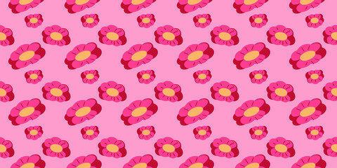 Flowers cartoon style seamless pink background. 