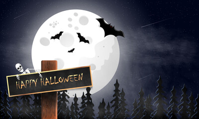 Happy Halloween, inscription on a sign in a foggy night forest, a skeleton hanging on a sign under the moon and stars with bats, vector illustration