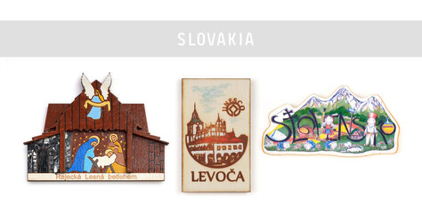 Magnetic souvenirs from Slovakia. Translation of the inscription: Bethlehem in Rajecka Lesna; name...