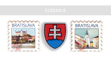Souvenirs (magnets) from Slovakia isolated on white background. The inscription in Slovak means the name of the country Slovakia and the capital Bratislava in English
