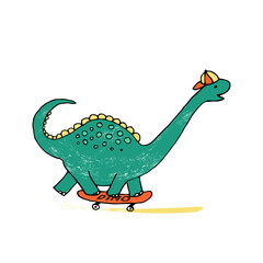 dinosaur rides on skateboard, young and green. Grunge Illustration for boys t-shirt prints and children sport design