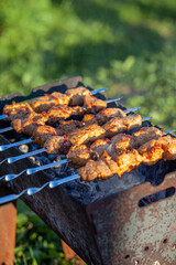 A lot of juicy meat kebabs in a row on the grill. Meat pieces strung on metal skewers on the grill at sunset. The process of cooking kebabs with a lot of smoke. Cooking in nature