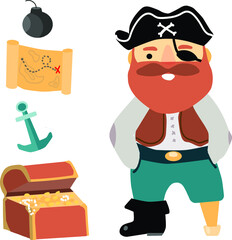 vector image set of pirate with map chest