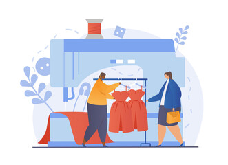 Fashion designer concept. Dressmaker sews clothes to order. Atelier communicates with client. Large sewing machine for professional work. Cartoon flat vector illustration isolated on white background