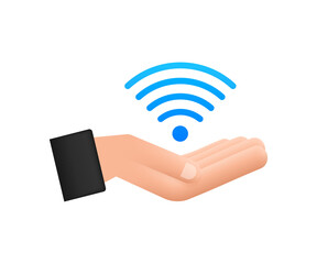 Free wifi zone blue sign in hands icon. Free wifi here sign concept. Vector illustration.