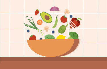 Healthy food. Bowl with vegetables, berries and fruit. Vegetarian lunch. Delicious salad with vitamins. Fresh tomatoes, avocado, mushroom. Cartoon flat vector illustration isolated on light background