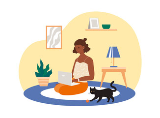 Home Office concept. Woman sitting on soft carpet in apartment and working on laptop. Remote profession or freelance. Cartoon contemporary flat vector illustration isolated on white background