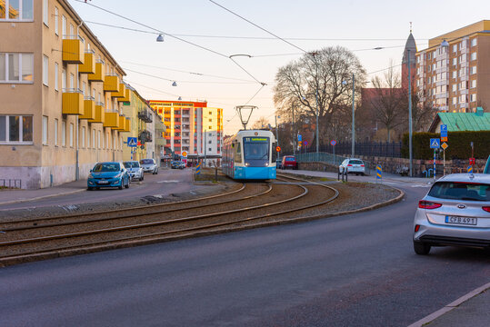 Gothenburg, Sweden - april 12 2019: Tram on line 11 to Saltholmen at Ekedalsgatan