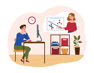 Learns From Home. Boy sitting in room in front of computer screen and listening to online biology lesson. Distance learning at school. Cartoon flat vector illustration isolated on white background