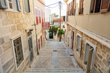 Traditional houses narrow alleys and stairs at Ermoupolis Syros island Greece. Above view