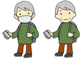 マスクを着けて（外して）スマートフォンを見ながら避難するシニア男性のイラストセット