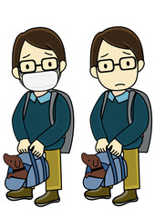 マスクを着けて（外して）キャリーに入れたペットと避難する男性のイラストセット