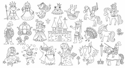 Fairy tale black and white characters and objects collection. Big vector set with line fantasy princess, king, queen, witch, knight, unicorn, dragon. Medieval fairytale castle pack or coloring page. © Lexi Claus