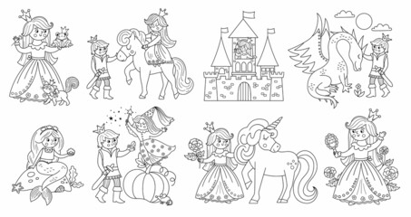 Fairy tale black and white vector princess set. Fantasy line girl collection. Medieval fairytale maid coloring page. Girlish cartoon magic icons pack with sleeping beauty, frog prince..