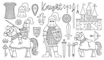 Fairy tale black and white knight armor collection. Big vector line set with fantasy armored warrior and castle. Fairytale soldier pack or coloring page with sword, shield, horse, crown, chain mail.