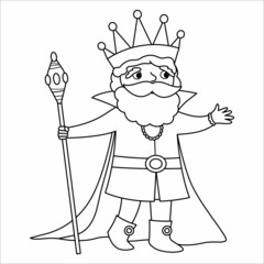 Fairy tale black and white king with scepter. Vector line fantasy monarch in crown and mantle. Medieval fairytale prince character. Cartoon magic sovereign icon or coloring page.