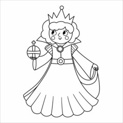 Fairy tale black and white queen with orb. Vector line fantasy monarch in crown and mantle. Medieval fairytale prince character. Cartoon magic sovereign icon or coloring page.