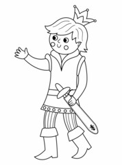 Fairy tale black and white prince with sward. Vector line fantasy young monarch in crown. Medieval fairytale character. Cartoon magic sovereign icon or coloring page.
