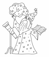 Fairy tale black and white vector stargazer with telescope holding spell book. Fantasy line wizard in tall hat. Fairytale astrologist coloring page. Cartoon magic icon with cute character.