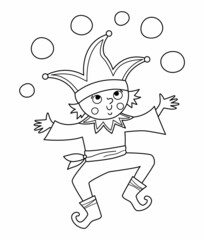 Fairy tale black and white vector buffoon. Fantasy line juggler in funny hat. Fairytale court yard character. Cartoon magic clown icon or coloring page.