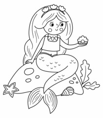 Fairy tale black and white vector mermaid sitting on a rock and holding pearl. Fantasy line girl in crown. Fairytale sea princess with pink hair. Girlish cartoon magic icon or coloring page.