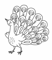Fairy tale black and white vector peacock. Fantasy line bird with spread tale. Fairytale animal character. Cartoon magic icon or coloring page.